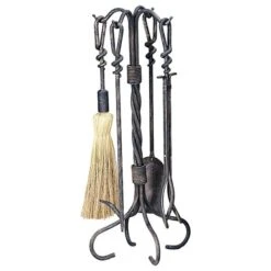 Uniflame Antique Rust Wrought Iron Fireplace Tool Set With Ring Twist Handles