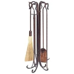 Uniflame Hammered Antique Copper Fireplace Tool Set With Crook Handles
