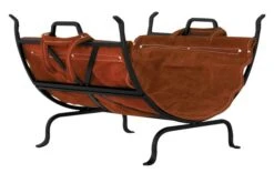 UniFlame Black Wrought Iron Log Holder With Leather Carrier
